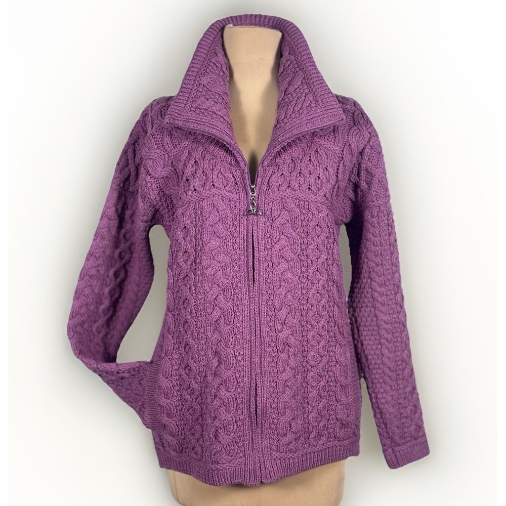 AranCraft Irish Fisherman Sweater Cardigan Zip 100% Wool Cable Knit S NWOT Mauve